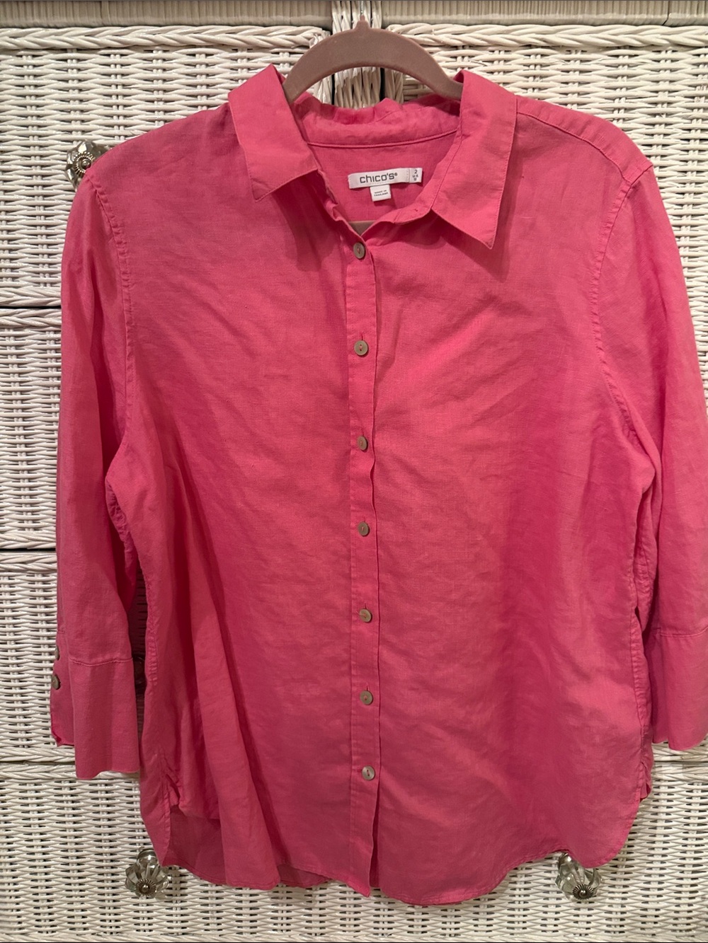 Chico's Coral-Pink Button-Front Linen Blend Shirt